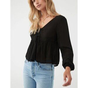 O’NEILL Carlotta Top Sz M Black Front Tie Balloon Sleeve VNeck Viscose Woven